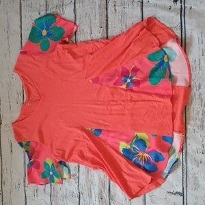 Soft Surroundings Coral Orange Floral Print Mixed Media Cotton Blend Tunic Top L